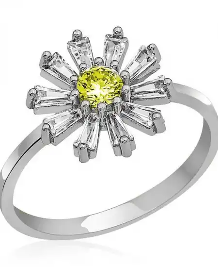 Gümüş Trapez Sarı Taşlı Çiçek Kadın Yüzük
