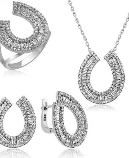 Gümüş Trapez Taşlı  Bayan Set