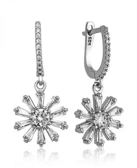 Gümüş Trapez Taşlı Çiçek Bayan Küpe