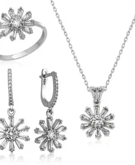 Gümüş Trapez Taşlı  Çiçek Bayan Set