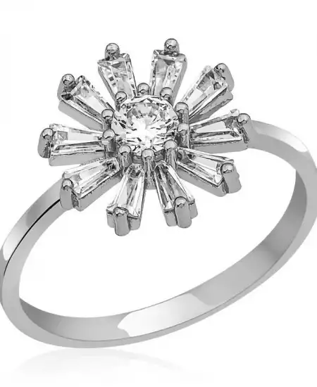 Gümüş Trapez Taşlı Çiçek Bayan Yüzük