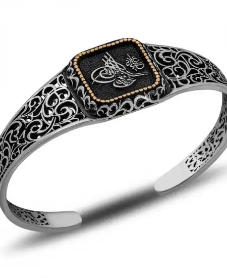 Gümüş Tuğra Ayarlanabilir Kelepçe Erkek Bileklik