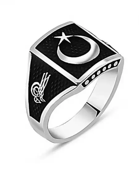 Gümüş Tuğralı Ay Yıldız Erkek Yüzük