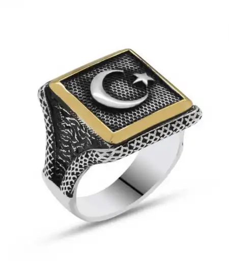 Gümüş Türk Bayrağı Ay Yıldız Erkek Yüzük