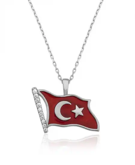 Gümüş Türk Bayrağı Bayan Kolye