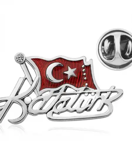 Gümüş Türk Bayrağı Kemal Atatürk İmzalı Rozet