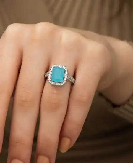 Gümüş Turkuaz Baget Kare Bayan Yüzük