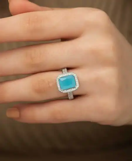 Gümüş Turkuaz Baget Kare Bayan Yüzük