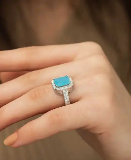 Gümüş Turkuaz Baget Kare Bayan Yüzük