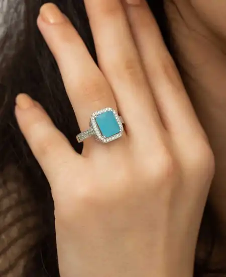 Gümüş Turkuaz Baget Kare Bayan Yüzük