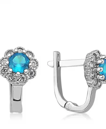 Gümüş Turkuaz Çiçek Desenli Yuvarlak J Kadın Küpe