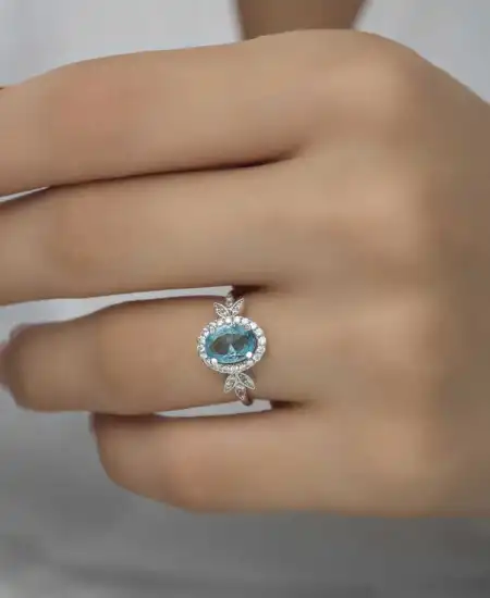 Gümüş Turkuaz Oval Taşlı Kadın Yüzük