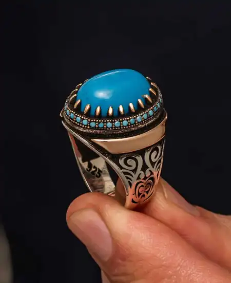 Gümüş Turkuaz Taşlı Erkek Yüzük