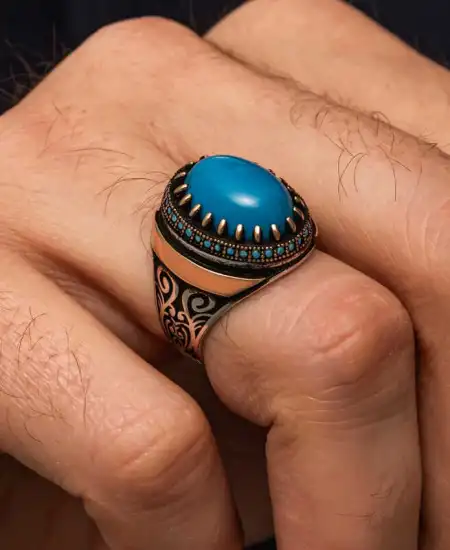 Gümüş Turkuaz Taşlı Erkek Yüzük