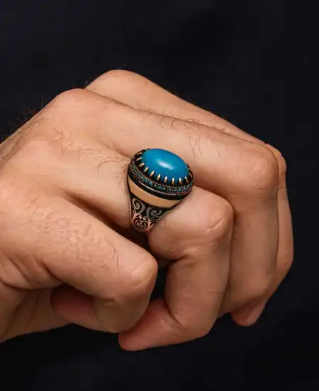 Gümüş Turkuaz Taşlı Erkek Yüzük