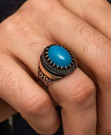 Gümüş Turkuaz Taşlı Erkek Yüzük