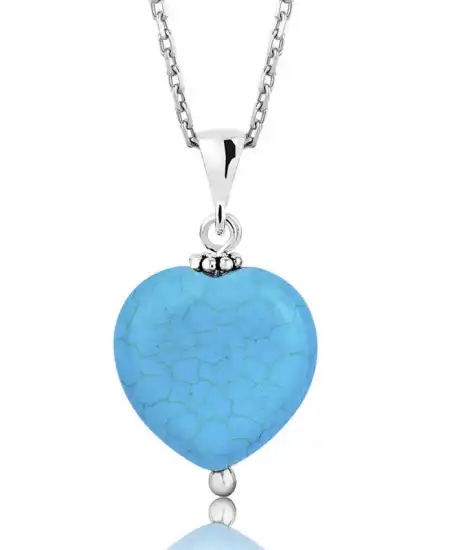 Gümüş Turkuaz Taşlı Kalp Bayan Kolye