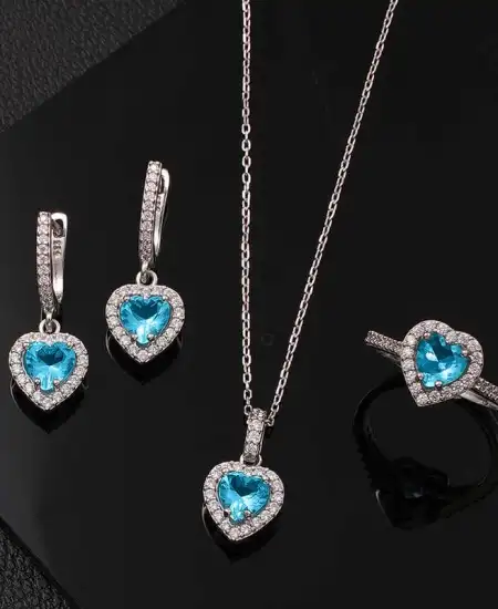 Gümüş Turkuaz Taşlı Kalpli Kadın Set