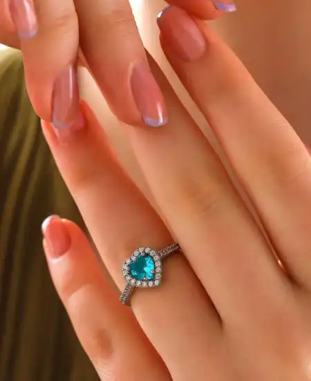 Gümüş Turkuaz Taşlı Kalpli Kadın Yüzük