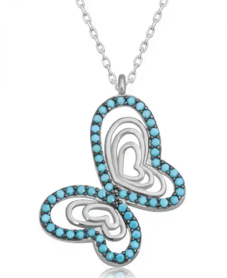 Gümüş Turkuaz Taşlı Kelebek Kadın