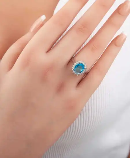 Gümüş Turkuaz Taşlı Oval Kadın Yüzük