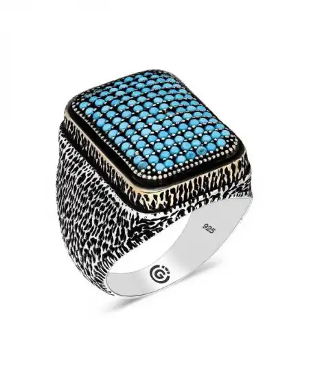 Gümüş Turkuaz Zirkon Taşlı Kare Erkek Yüzük