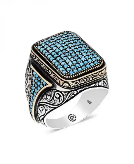 Gümüş Turkuaz Zirkon Taşlı Kare Erkek Yüzük