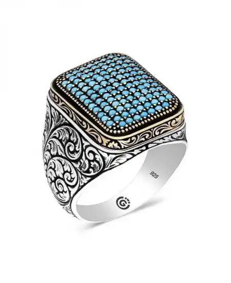 Gümüş Turkuaz Zirkon Taşlı Kare Erkek Yüzük