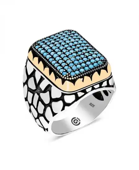 Gümüş Turkuaz Zirkon Taşlı Kare Erkek Yüzük