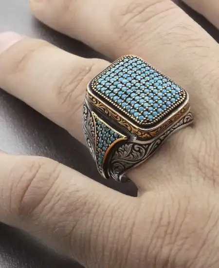 Gümüş Turkuaz Zirkon Taşlı Kare Erkek Yüzük