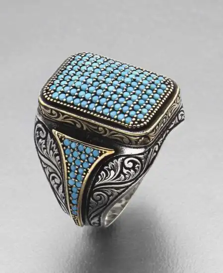 Gümüş Turkuaz Zirkon Taşlı Kare Erkek Yüzük