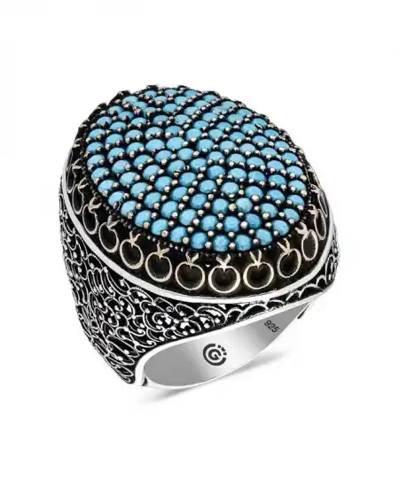 Gümüş Turkuaz Zirkon Taşlı Oval Erkek Yüzük