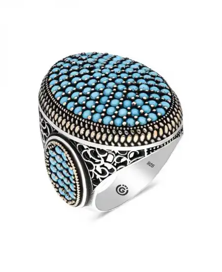 Gümüş Turkuaz Zirkon Taşlı Oval Erkek Yüzük