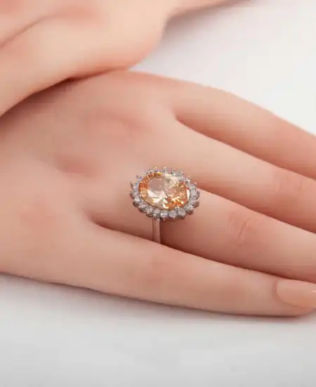 Gümüş Turuncu Taşlı Oval Kadın Yüzük