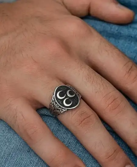 Gümüş Üç Hilal Erkek Yüzük