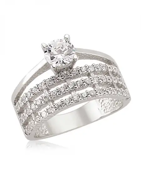 Gümüş Üç Sıra Tek Taş Bayan Yüzük