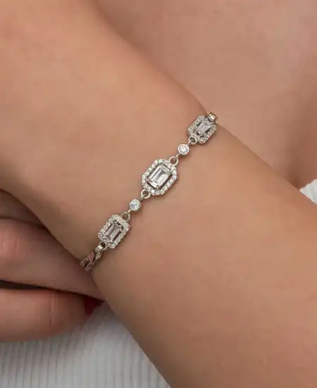 Gümüş Üçlü Baget Taşlı Kadın Bileklik