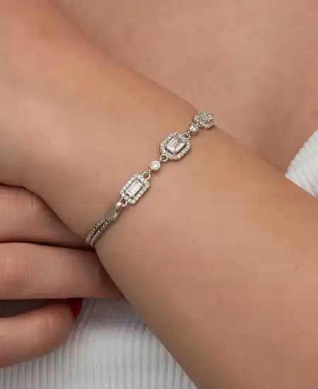 Gümüş Üçlü Baget Taşlı Kadın Bileklik