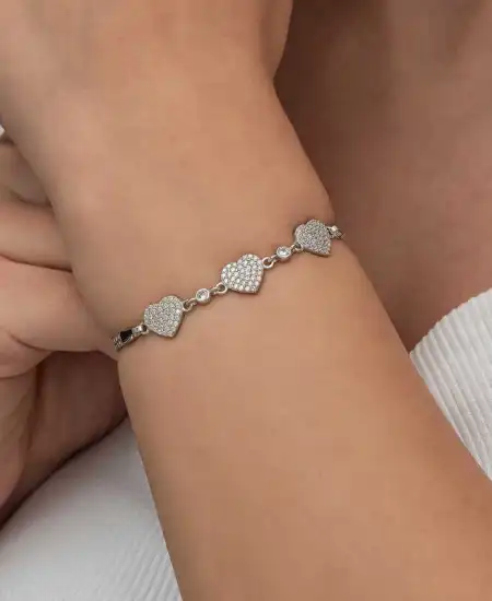 Gümüş Üçlü Kalp Kadın Bileklik