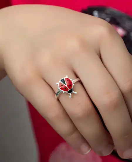 Gümüş Uğur Böceği Çocuk Kız Yüzük