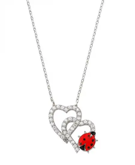 Gümüş Uğur Böcekli İkili Kalp Bayan Kolye