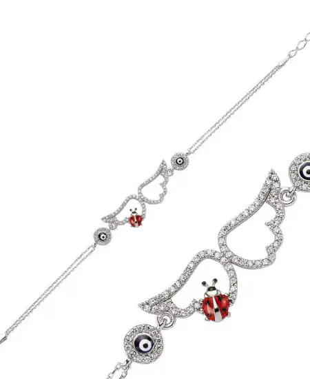 Gümüş Uğur Böcekli Melek Kanadı Bayan Bileklik