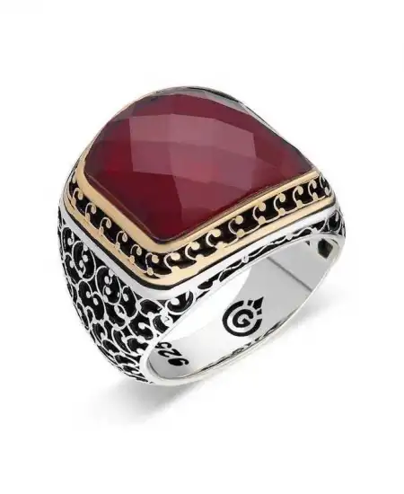 Gümüş Yakut Renk Kırmızı Taşlı Erkek Yüzük