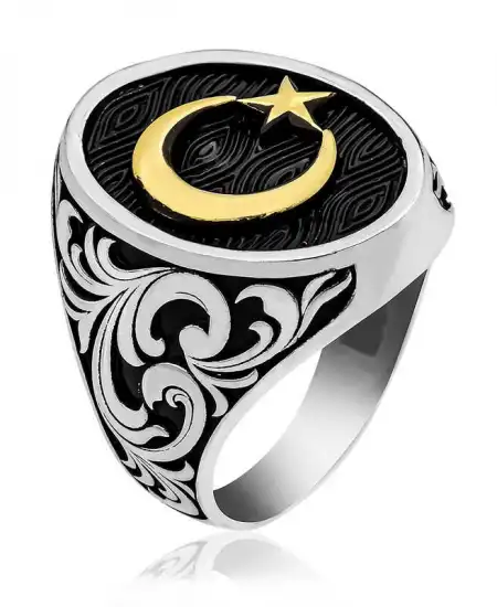 Gümüş Yanları Desenli Ay Yıldız Erkek Yüzük