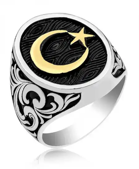 Gümüş Yanları Desenli Ay Yıldız Erkek Yüzük