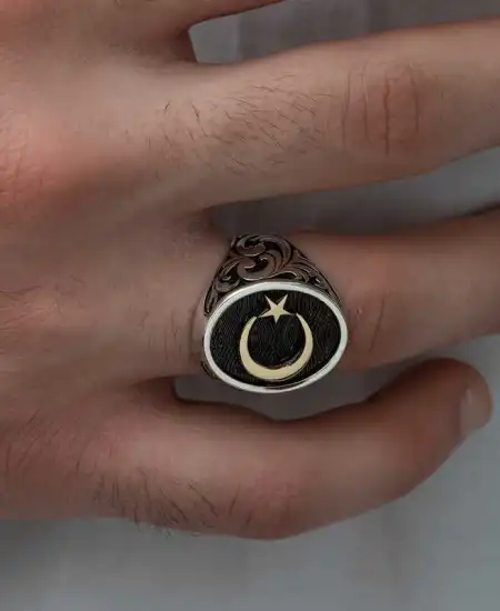 Gümüş Yanları Desenli Ay Yıldız Erkek Yüzük