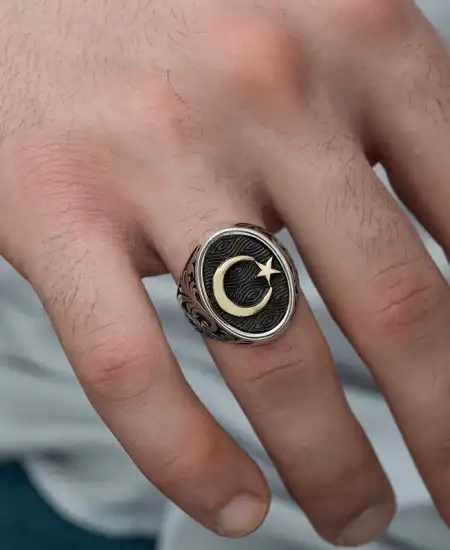 Gümüş Yanları Desenli Ay Yıldız Erkek Yüzük