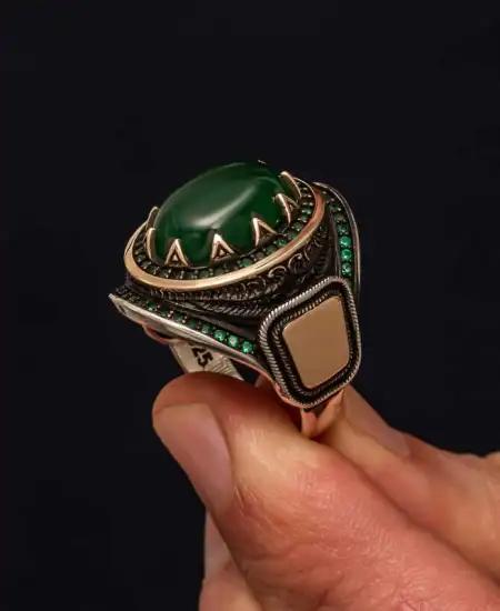 Gümüş Yeşil Akik Taşlı Erkek Yüzük