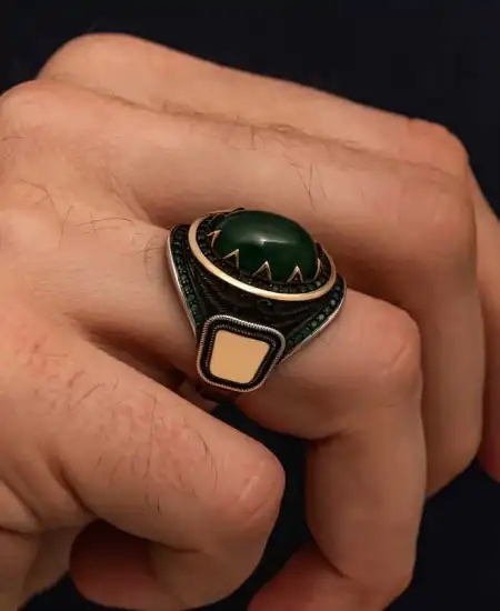 Gümüş Yeşil Akik Taşlı Erkek Yüzük