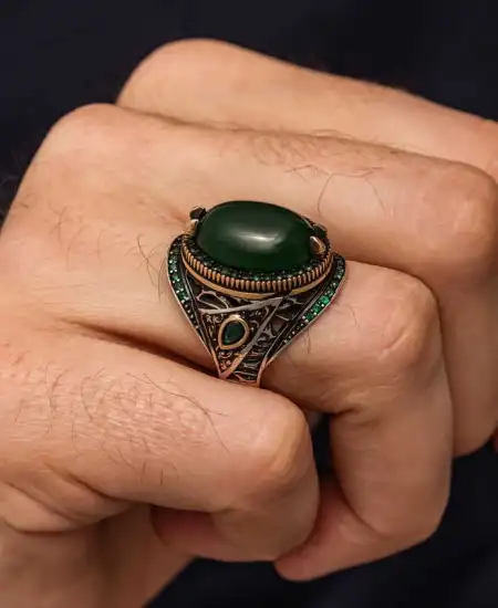 Gümüş Yeşil Akik Taşlı Erkek Yüzük